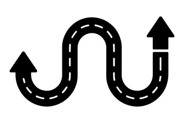 winding road with arrow marking symbol indicates journey's path and direction, symbol of navigation