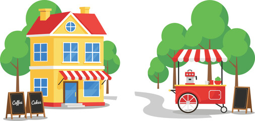 Coffee shop building and street food cart vector illustration with outdoor cafe setup, mobile beverage stand and urban park scenery for business, retail and lifestyle projects ©  Hossain Creative