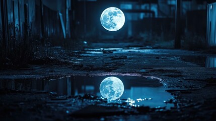Enchanting Moonlight Over Reflections in an Abandoned Urban Alleyway at Nighttime