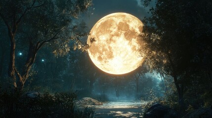 Enchanting Moonlight Landscape with Glowing Full Moon over a Serene Forest River Scene at Night
