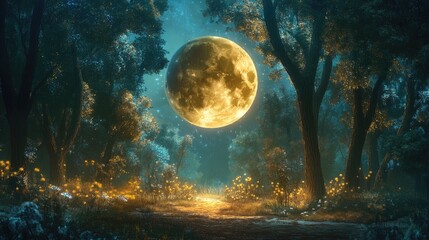 Enchanted Forest with a Full Moon Glowing Brightly Amidst Lush Green Trees and Vibrant Wildflowers at Night