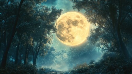 Enchanting Moonlight Illuminates a Serene Forest Landscape at Nightfall