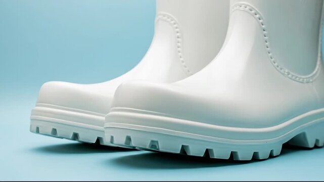 A pair of stylish white rubber boots on a blue background.