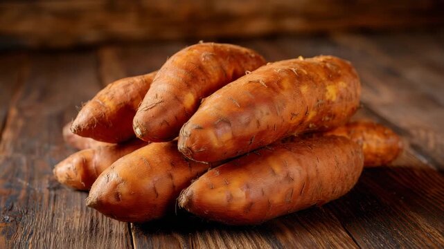 314Rustic culinary composition, fresh sweet potatoes in a loose pile, textured wooden background, soft morning light illuminating their earthy tones and organic forms