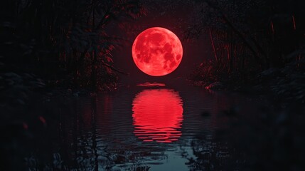 Ethereal Red Moon Rising Over Tranquil Water Surface in Mysterious Forest Landscape at Night