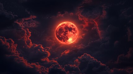 Stunning Red Moon Illuminating Dramatic Clouds with Starry Sky at Night, Captivating Celestial Landscape