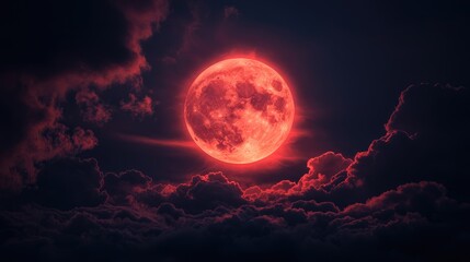 Obraz premium Bright Red Moon Surrounded by Dark Clouds in a Mystical Night Sky