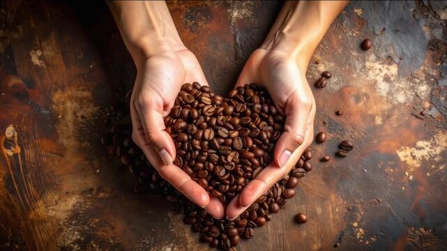 Hands forming a heart shape with roasted coffee beans on a rustic surface