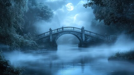 Serene Moonlit Landscape with Foggy River and Stone Bridge Under Mysterious Night Sky