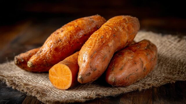 320Professional culinary stock style, fresh sweet potatoes on rustic table, scattered in casual yet aesthetically pleasing composition, warm daylight, textures of skin and wood grain