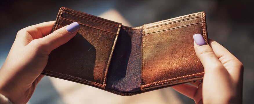 The Wallet Held Open in Hands Showing Empty Leather Bifold Closeup