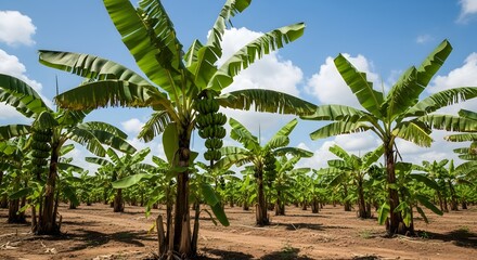 large banana plantation with growing fruit bunches