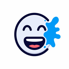 Obraz premium A cartoon illustration of a white laughing emoji with closed eyes and a wide open mouth, featuring a vibrant blue splash of liquid on its right side.