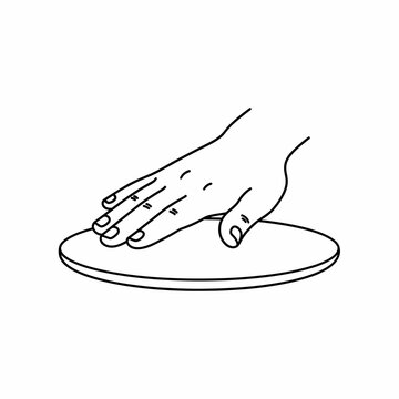 Line drawing of a human hand pressing down on a flat, circular disc or surface.