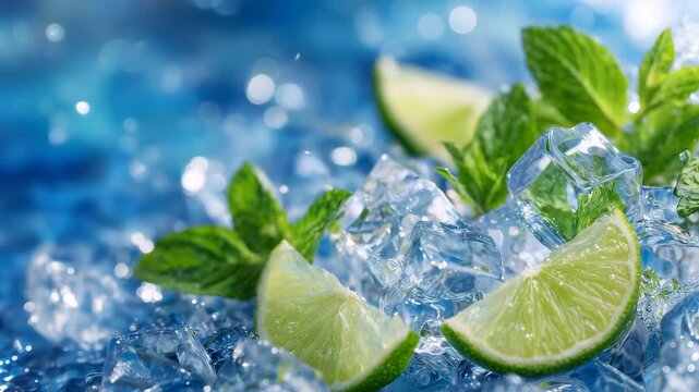 332Dynamic lighting composition, ice cubes catching light inside mojito, fresh lime slices angled aesthetically, sparkling blue gradient background emphasizing summer vibes