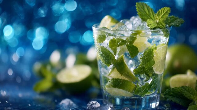 333Cinematic close-up, refreshing mojito glass with floating lime wedges and ice, droplets on glass reflecting ambient light, vibrant sparkling blue backdrop creating a summer feel