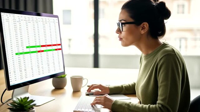 Woman Working on Computer with Spreadsheet.