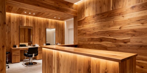 Hair salon with brown wooden reception desk