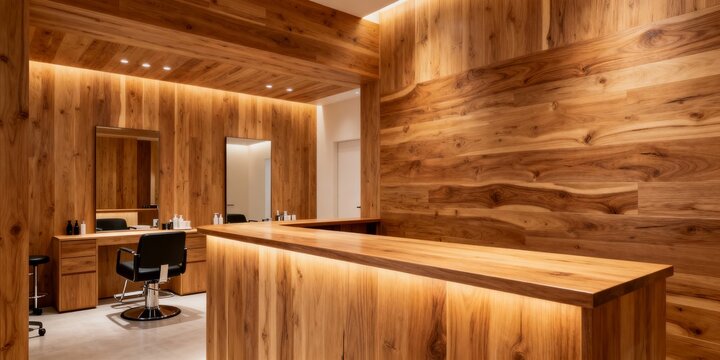 Hair salon with brown wooden reception desk