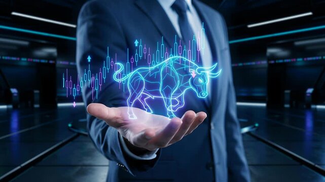 Businessman analyzing stock market charts with bullish trend and financial digital graphs showing economic growth and trading activity in futuristic technology environment