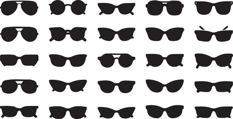 Set of Minimalist Sunglasses Icons Featuring Diverse Black Silhouette Eyewear Styles and Fashionable Sun Glasses Frames