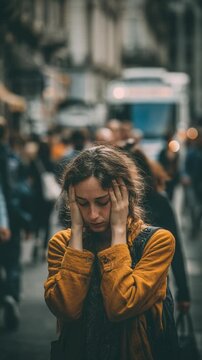 A woman in a crowded street holds her head in despair, showcasing the struggle of urban anxiety and overwhelming emotions in a fast-paced city life.