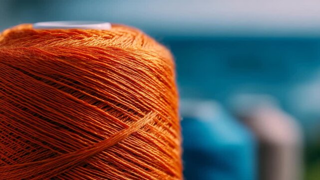 349Close-up with spool tilted, vibrant orange thread spiraling, soft highlights showing material texture, blurred background creating a minimalist, clean composition
