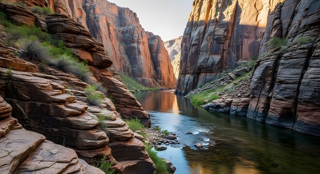 canyon where a river runs between towering sandstone wall