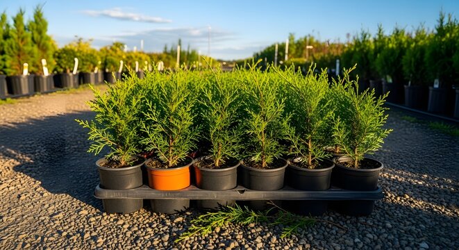 several young evergreen plants in a nursery setting. 