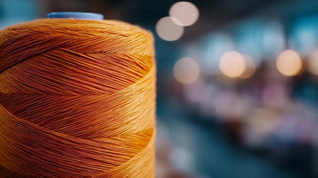 355Professional macro stock composition, vibrant orange thread on spool, individual threads catching light, shallow depth of field creating soft bokeh, clean minimalist aesthetic