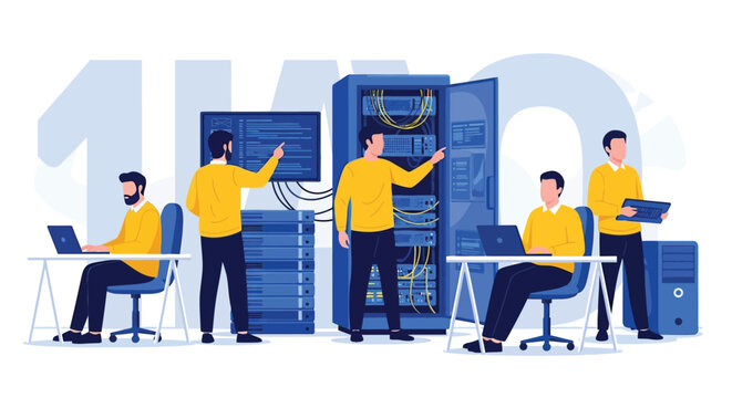 Illustration of five IT professionals in a server room. Two are seated at computers, three are standing, checking servers. The mood is focused and collaborative.