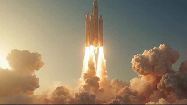 A powerful rocket launches into the sky amidst billowing clouds.