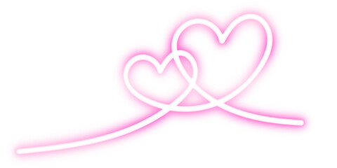 pink neon intertwined heart lines isolated on transparent png, glowing connected love hearts stroke for romantic design, luminous pink heart swirl element transparent background