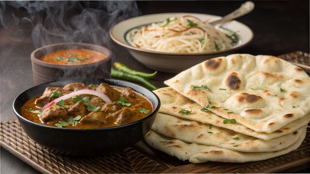Authentic Indian Feast Naan with Mutton Curry and Parotta with Spicy Mutton Chukka
