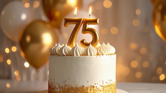 Elegant 75th birthday cake with golden number candles, white frosting, and sparkling decorations surrounded by gold and white balloons and warm bokeh lights.