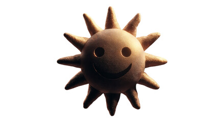 Clay sun figurine with smiling face in playful style under soft studio lighting on white background for childrens education