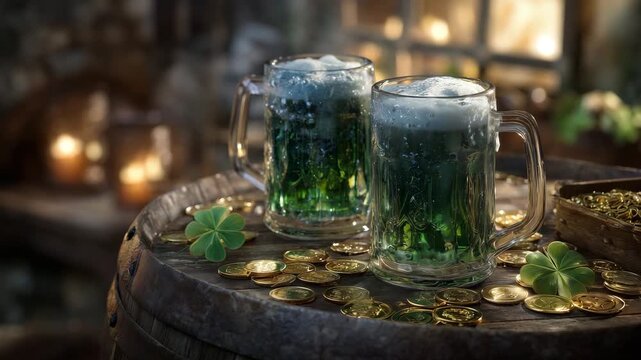 Detailed festive scene, condensation on green beer mugs sitting on barrel, frothy tops catching warm light, subtle shamrocks and gold coins scattered on barrel surface