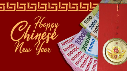 Fototapeta premium Aesthetic Lunar New Year backdrop featuring Indonesian rupiah banknotes totaling 888,000 thousand rupiah as a lucky number fanned beside a gold-embossed red envelope on a maroon background.