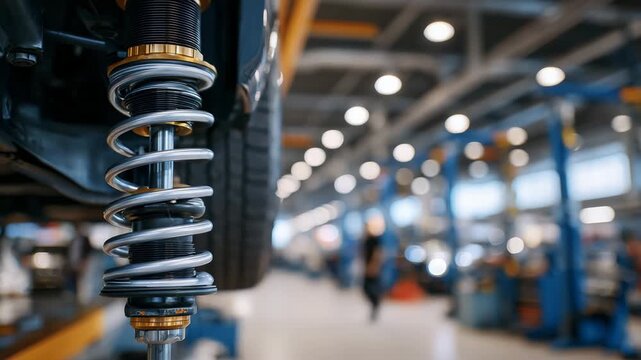 Detailed view of modern car suspension, coil spring and damper assembly in focus, blurred garage tools and floor behind, lighting emphasizing precision and durability