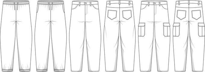 Black and white technical line drawing set featuring jogger pants, classic trousers, and cargo pants. Front and back views shown with detailed pockets and construction lines.