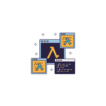 Web development coding screens with lambda symbol.