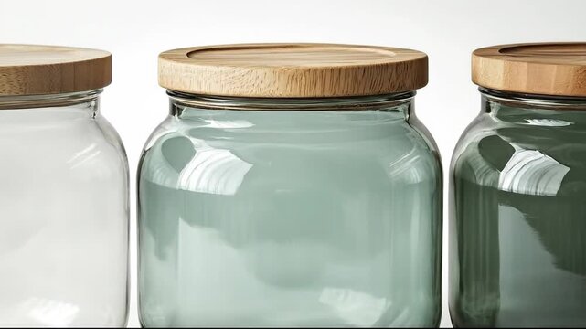 Three elegant glass jars with wooden lids, showcasing minimalistic design.