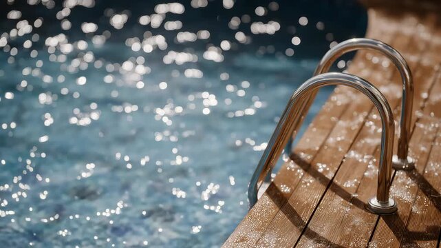 High-end resort pool detail, aqua water shimmering under the sun, stainless steel ladder with water droplets clinging to the metal, warm-toned wooden decking creating a cozy summer