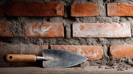 trowel positioned over empty brick space for mockup or banner. even texture, neutral warm tones, horizontal layout, commercialready composition, clean negative space ideal for copy, branding,