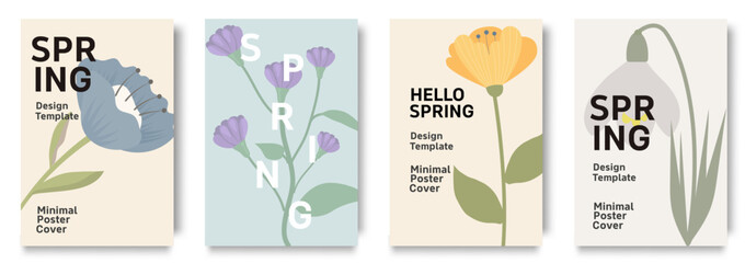 Minimalist spring poster set with modern floral illustrations and typography in soft pastel colors © Oksana Kalashnykova