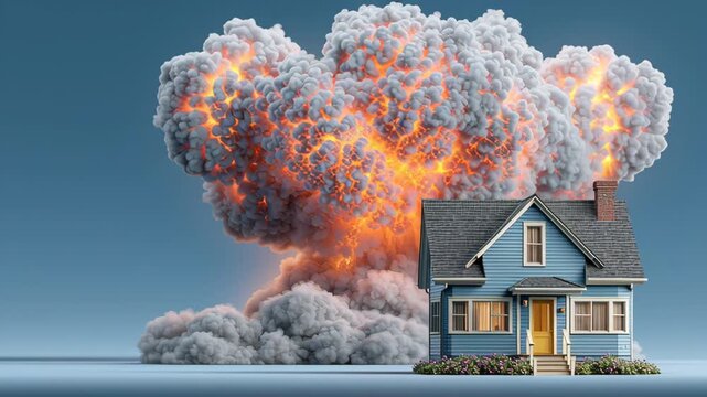 Blue house with front porch stands against a dramatic explosion of smoke and fire, showcasing the progression of an intense blast in a surreal landscape