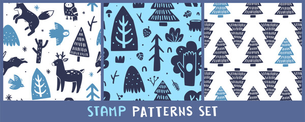 Scandinavian stamp pattern set. Folk winter seamless vector print collection.