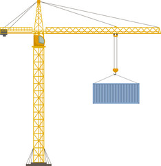 Construction crane lifting shipping container. Tower Crane Lifting Shipping Container Illustration. Shipping container vector. Red cargo container illustration. Logistics shipping container set.