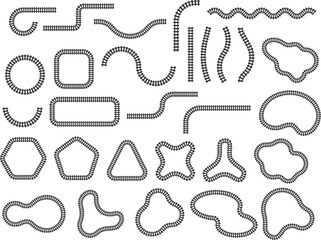 Abstract set of train and railway track paths in various geometric and organic shapes. Clean black outlines isolated on white, ideal for graphic design, infographics, urban planning visuals