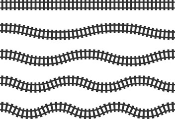 Set of straight and wavy railway track lines isolated on white background. Minimal black illustration suitable for transportation concepts, logistics, maps, infographics, backgrounds, and creative